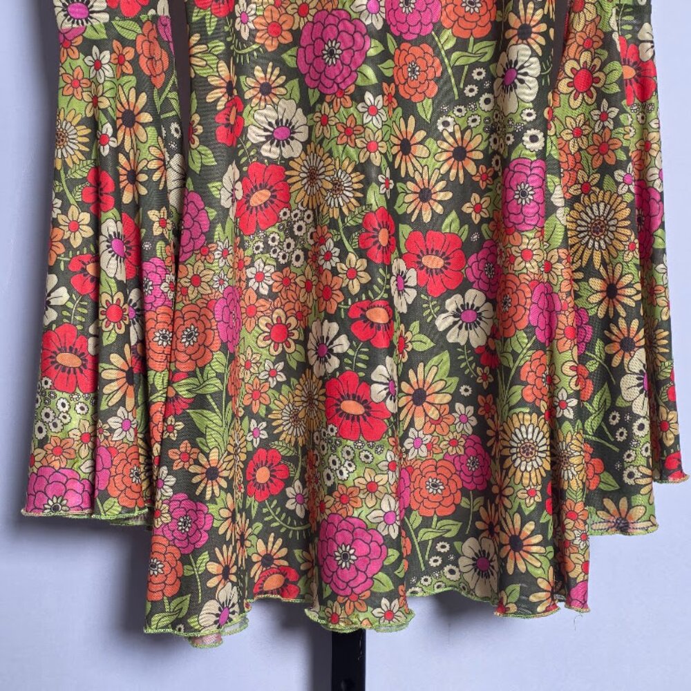 Sugar Thrillz Mesh Mini Dress Small Retro Floral 70s Bell Sleeve Mock Neck Dolls - Picture 3 of 6